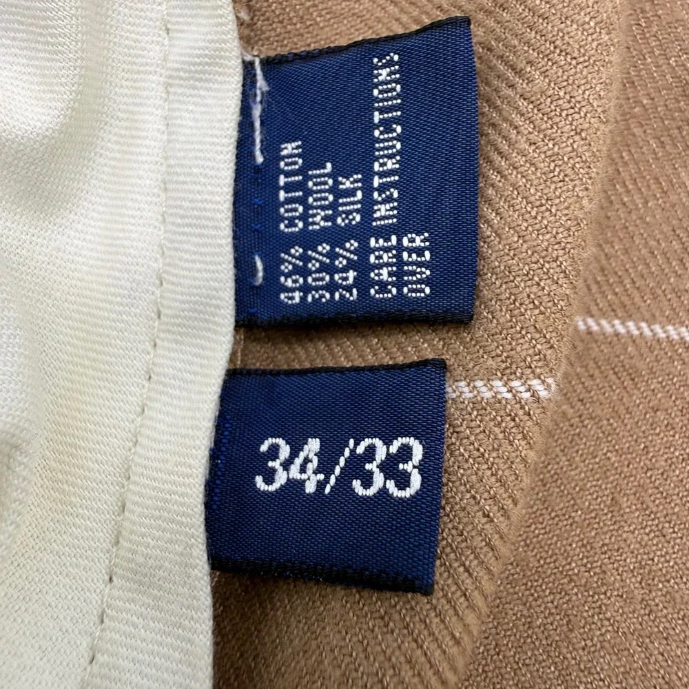 Polo Golf Ralph Lauren Pants Mens 34x33 Tan Windowpane Cotton Wool Silk Pleated